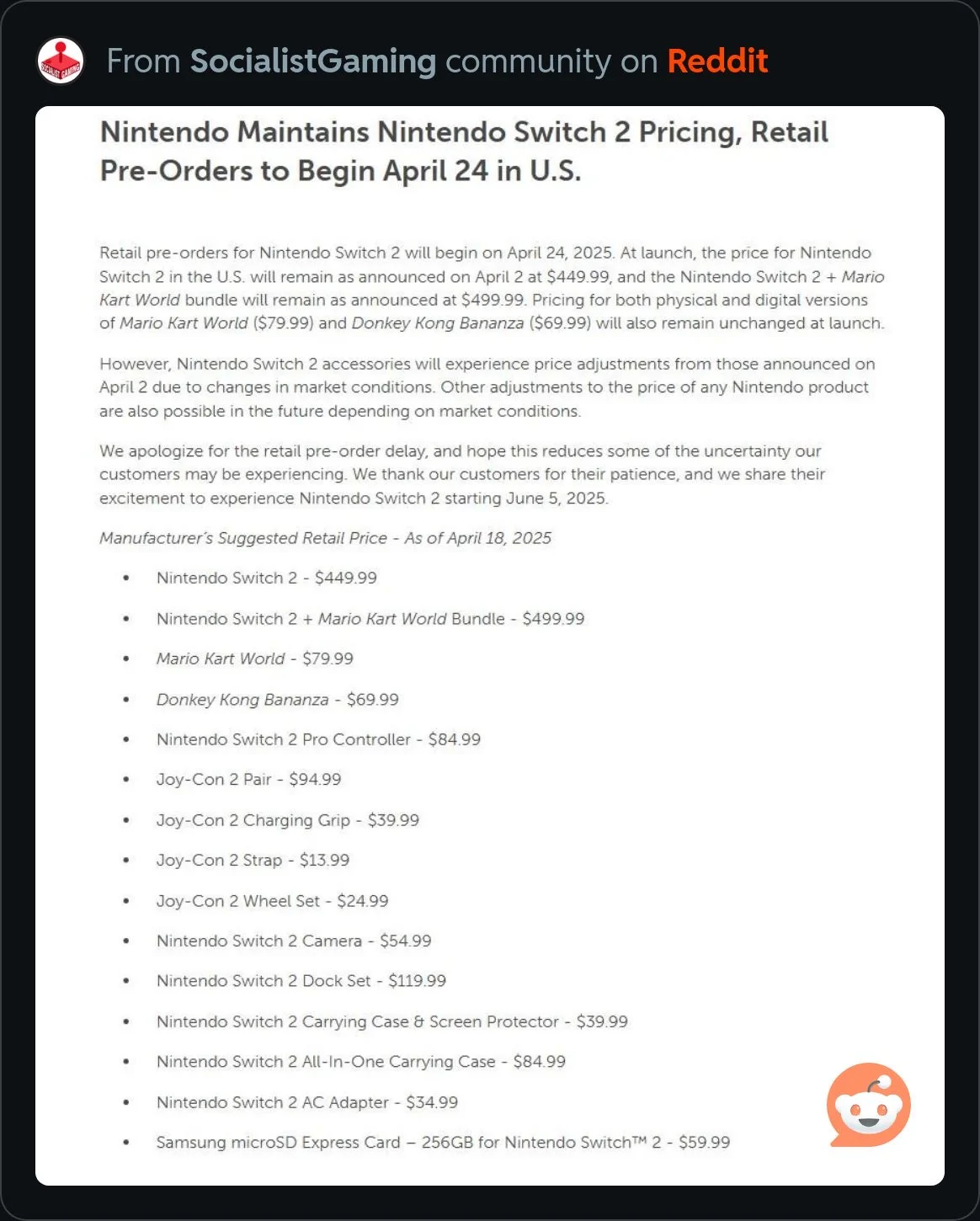 Nintendo Switch 2 pricing